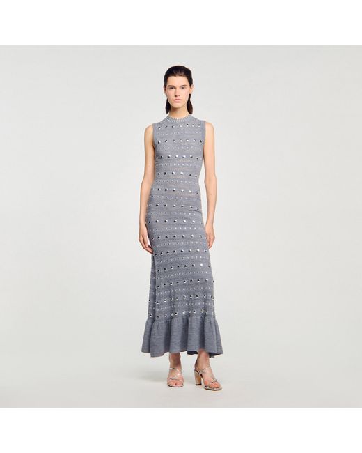 Sandro Blue Knit Maxi Dress With Studs