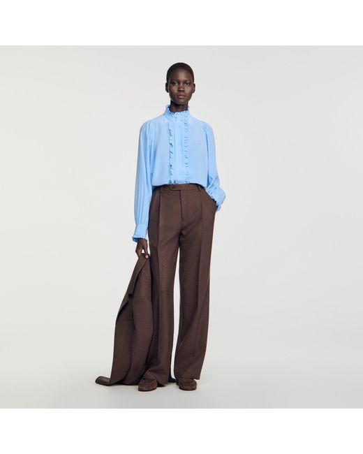 Sandro Blue Silk Shirt With Gathered Collar