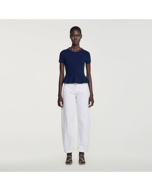 Sandro Blue Peplum Sweater With Rhinestone Neckline