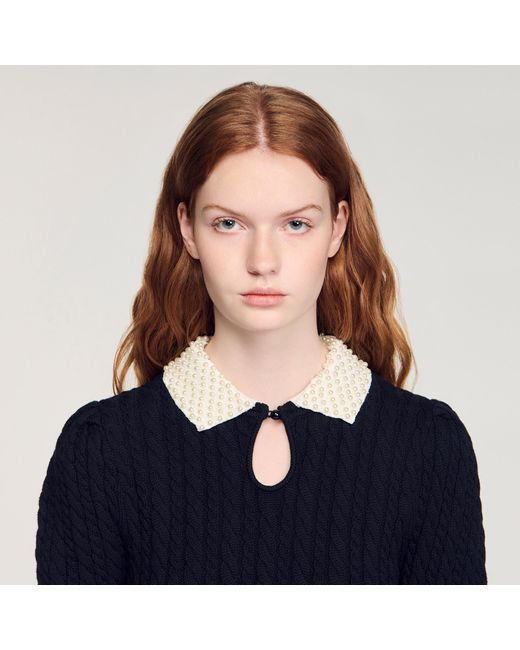 Sandro Blue Pearl Collar Cable Knit Jumper