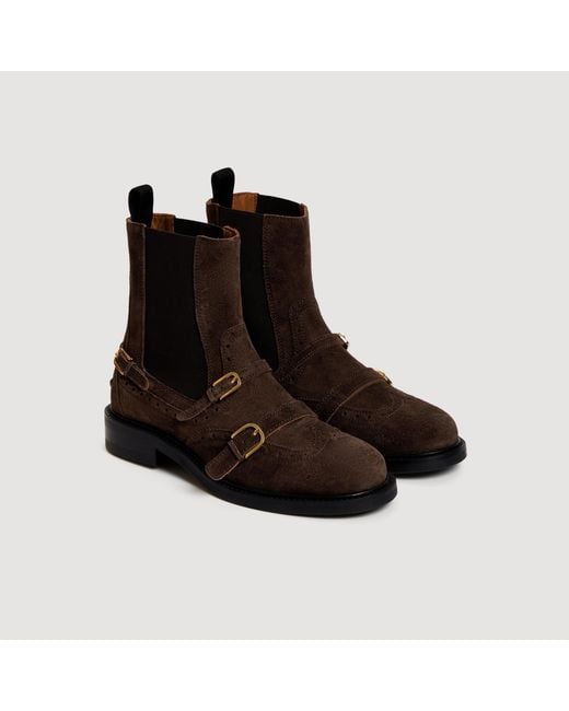 Sandro Brown Buckle Suede Chelsea Boots