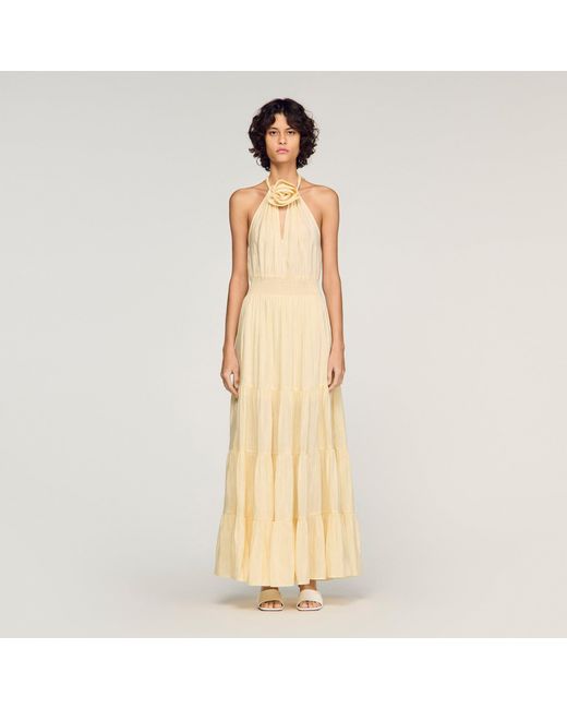 Sandro Natural Linen Maxi Dress With Flower Detail
