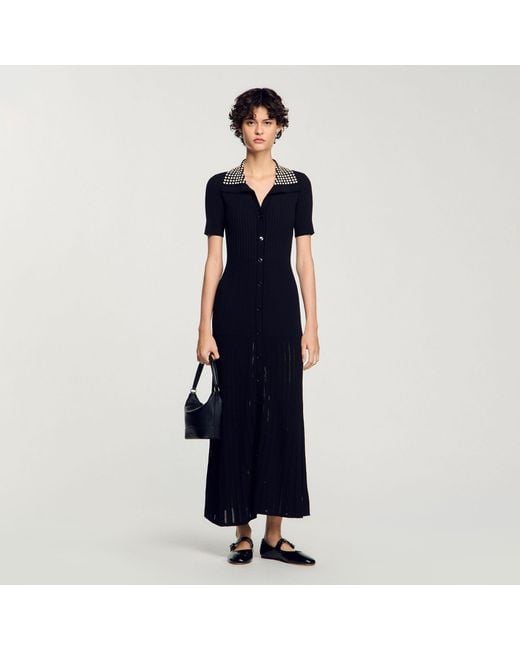 Sandro Blue Knit Maxi Dress With Studs