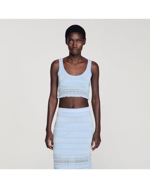 Sandro Blue Pointelle Knit Crop Top