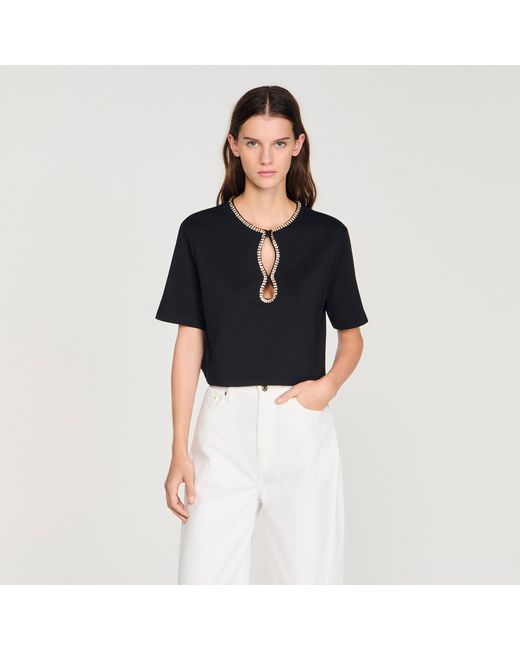 Sandro Black Rhinestone Cropped T-Shirt