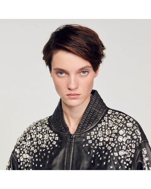 Sandro Black Crystal-Studded Leather Jacket