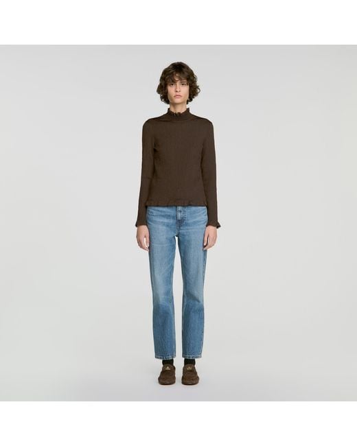 Sandro Blue Smocked T-Shirt With Ruffle Collar