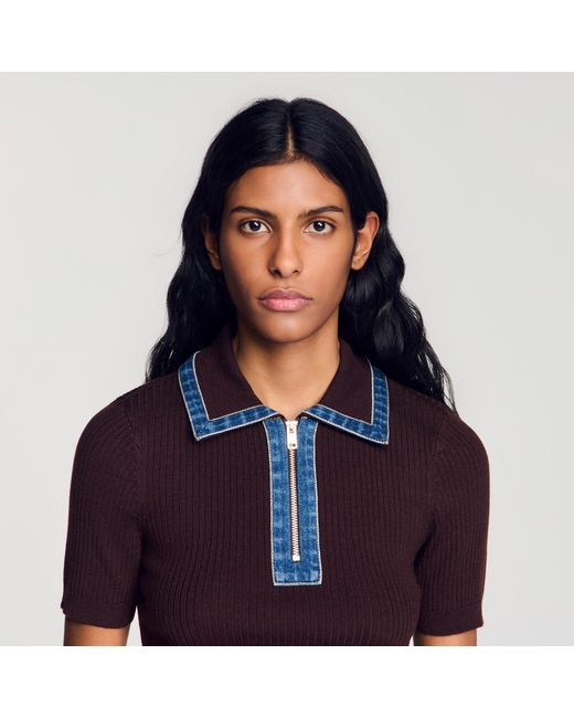 Sandro Blue Polo Sweater With Denim Collar