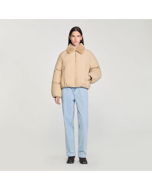 Sandro Blue Puffer Jacket With Shearling Collar