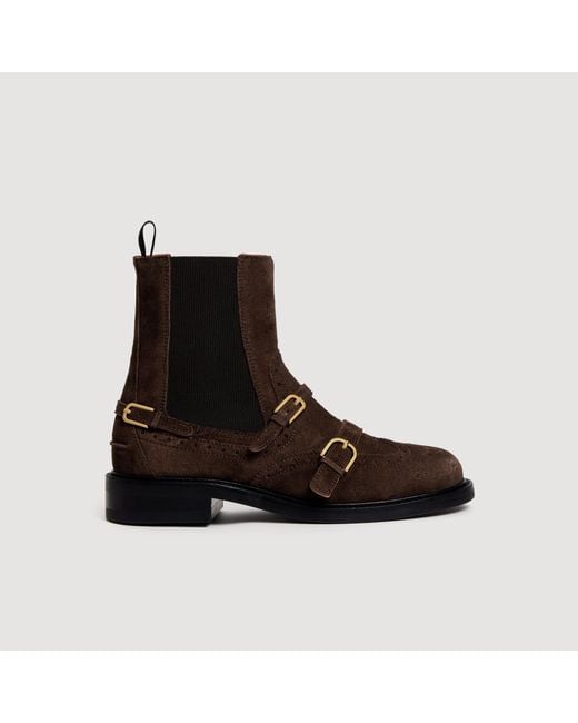 Sandro Brown Buckle Suede Chelsea Boots