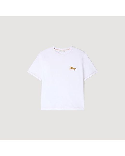 Sandro Blue Horse Embroidery Cotton T-Shirt