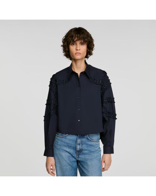 Sandro Blue Gathered Rhinestone Cotton Shirt
