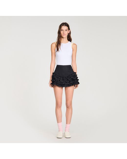 Sandro Black Ruffled Skort With Topstitching