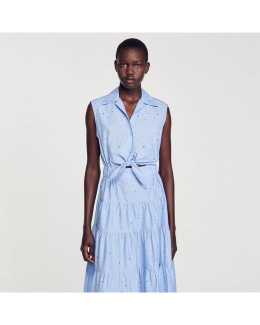 Sandro Blue Rhinestone Tie-Front Maxi Dress