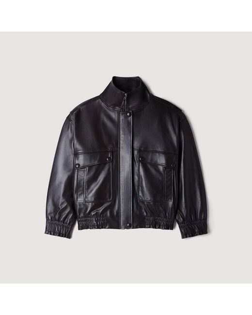 Sandro Black Standing Collar Leather Jacket