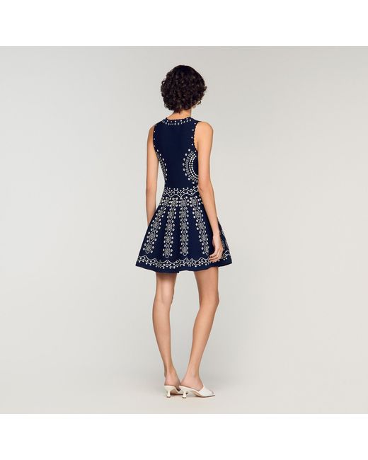 Sandro Blue Scarf-Print Knit Short Dress