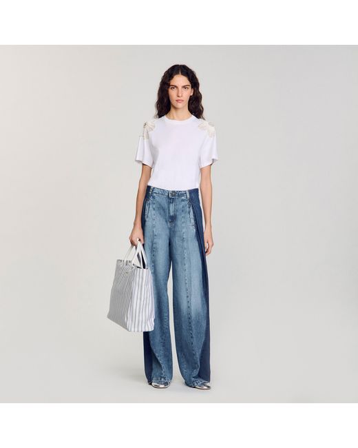 Sandro Blue T-Shirt With Embroidered Flowers
