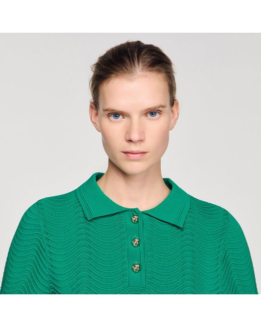 Sandro Green Decorative Knit Polo-Neck Jumper