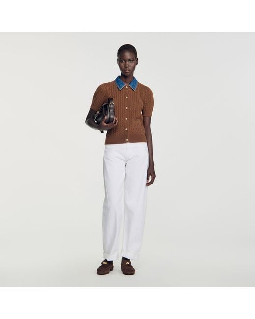 Sandro White Cardigan With Denim Collar