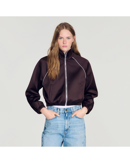 Sandro Blue Cropped Embroidered Satin Jacket