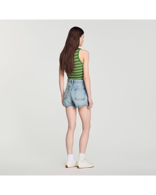 Sandro Blue Denim Shorts With Leather Detail