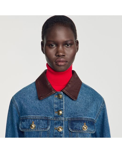 Sandro Blue Denim Jacket With Leather Collar