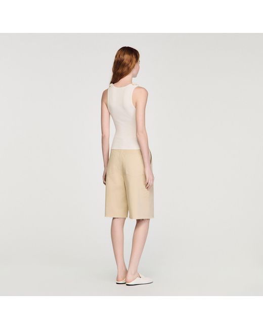 Sandro White Ribbed Jumper With Beaded Roses