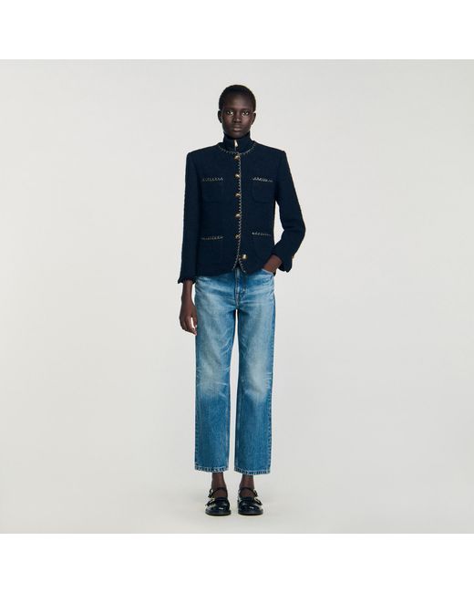 Sandro Blue Tweed Jacket With Decorative Trim