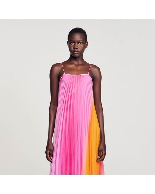 Sandro Pink Sunray-Pleated Maxi Dress