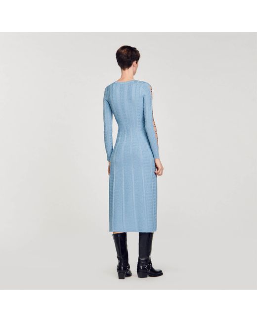 Sandro Blue Long-Sleeved Knit Midi Dress