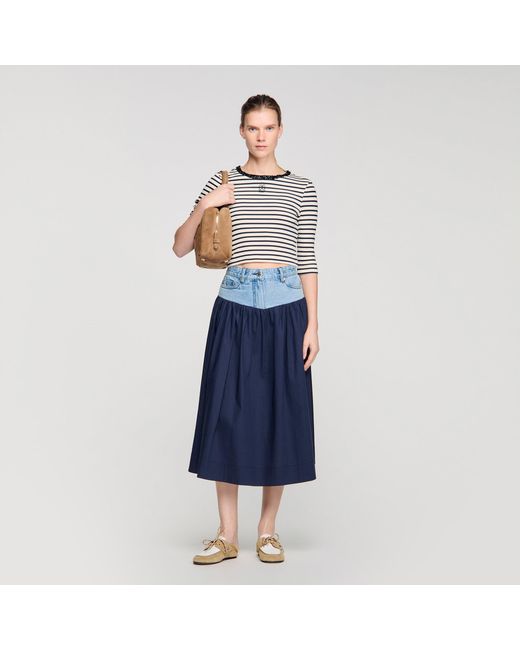 Sandro Blue Short Striped Tee With Pearl Collar