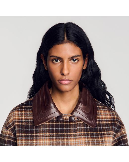 Sandro Blue Check Jacket With Leather Collar