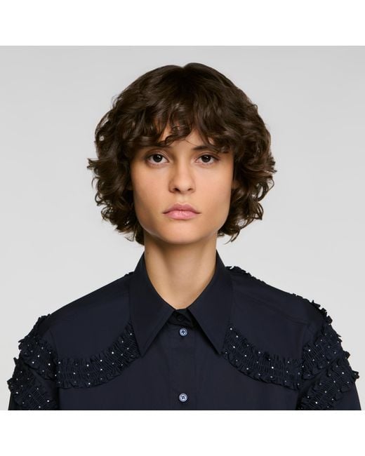 Sandro Blue Gathered Rhinestone Cotton Shirt