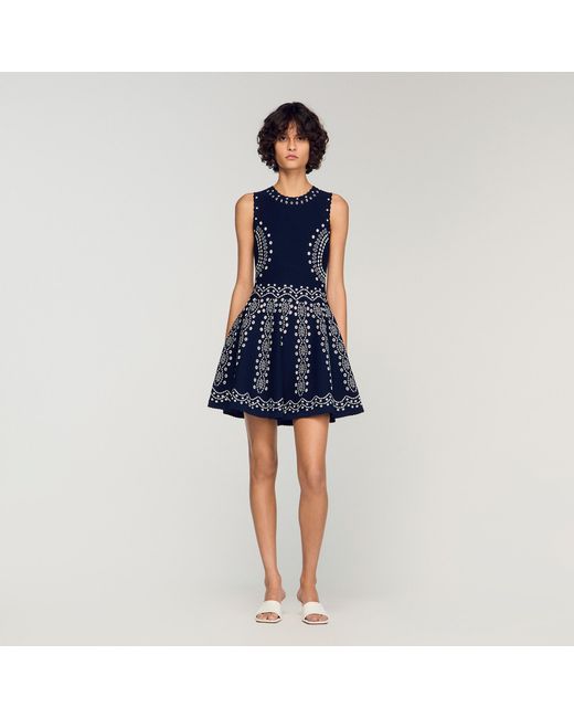 Sandro Blue Scarf-Print Knit Short Dress