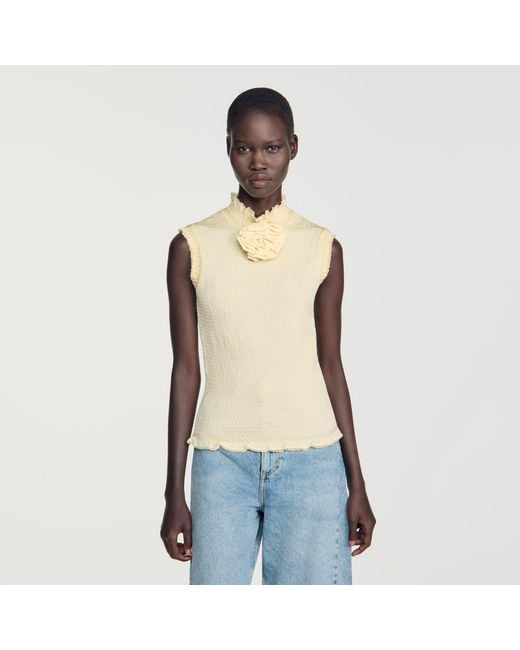 Sandro Blue Smocked T-Shirt With Flower Detail