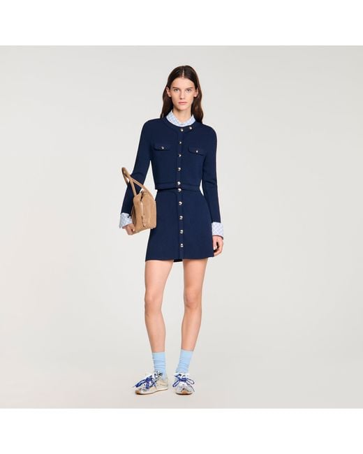 Sandro Blue Cropped Rib Knit Cardigan