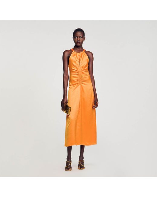Sandro Orange Ruched Satin-Effect Maxi Dress