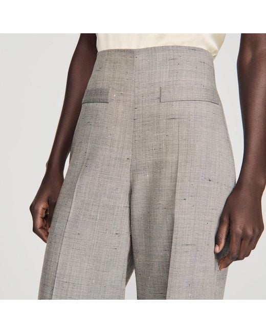 Sandro White Wide-Leg Check Wool Trousers
