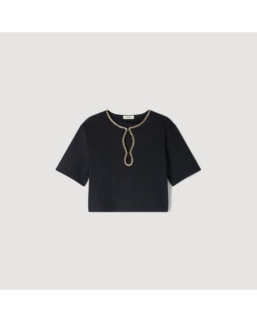 Sandro Black Rhinestone Cropped T-Shirt