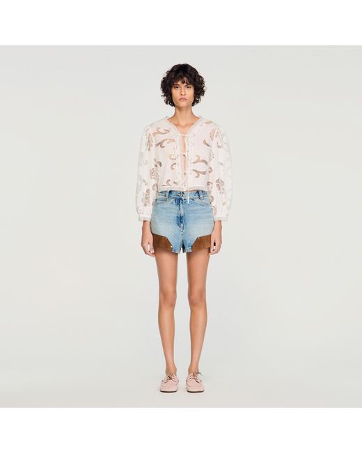 Sandro Blue Floral Openwork Crop Top