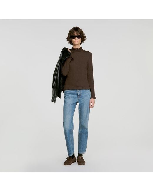 Sandro Blue Smocked T-Shirt With Ruffle Collar