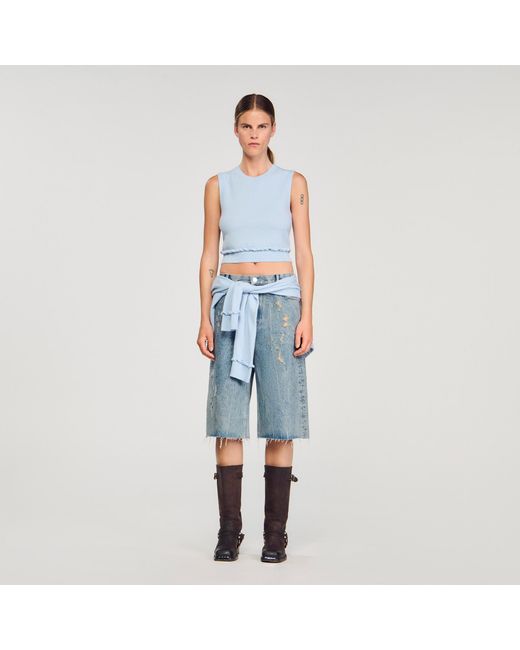 Sandro Blue Ruffled Cropped Jumper
