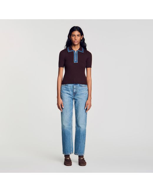 Sandro Blue Polo Sweater With Denim Collar