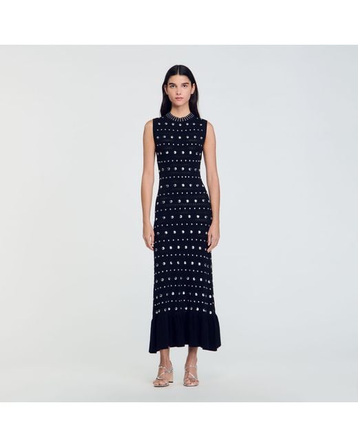 Sandro Blue Knit Maxi Dress With Studs