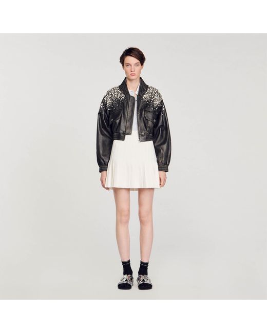 Sandro Black Crystal-Studded Leather Jacket