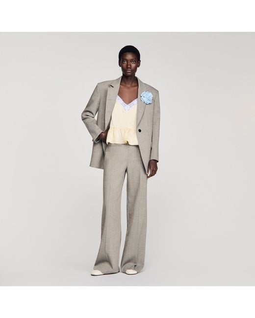Sandro White Wide-Leg Check Wool Trousers