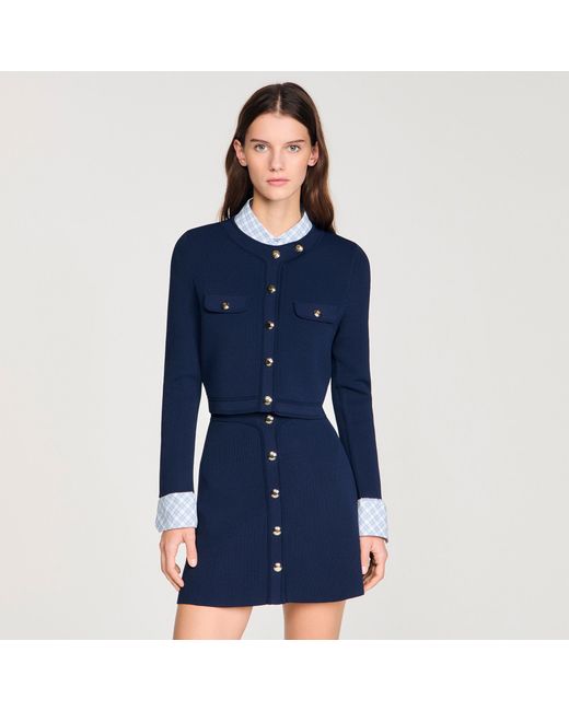 Sandro Blue Cropped Rib Knit Cardigan