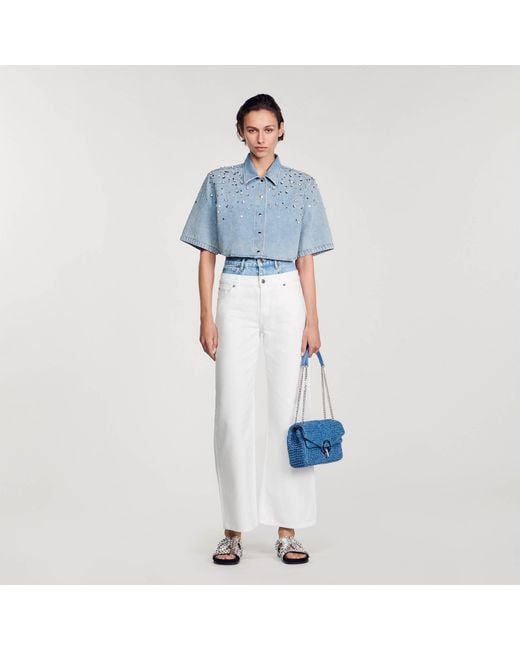 Sandro Blue Rhinestone Cropped Shirt