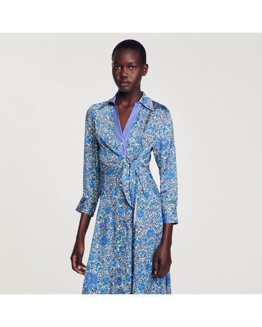 Sandro Blue Floral Print Midi Shirt Dress