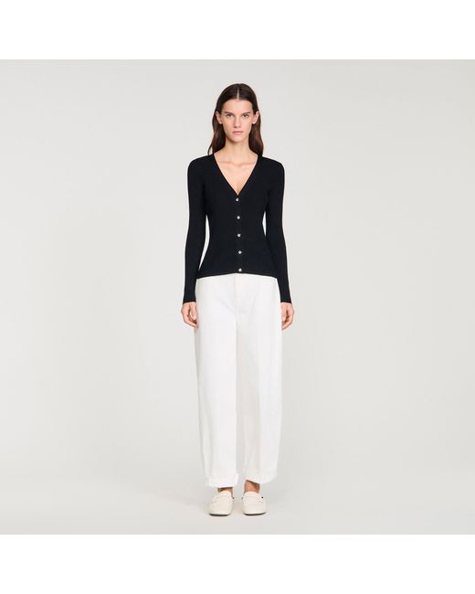 Sandro Black Ribbed Cardigan With Fancy Buttons